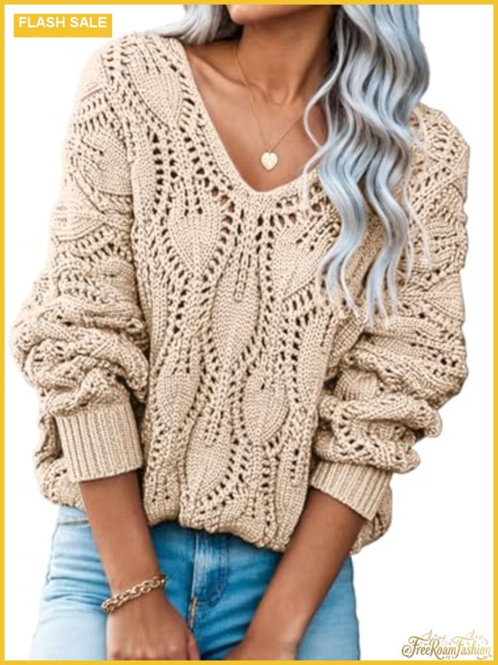 Women's Crochet Hollow Out V Neck Loose Knit Pullover Sweater